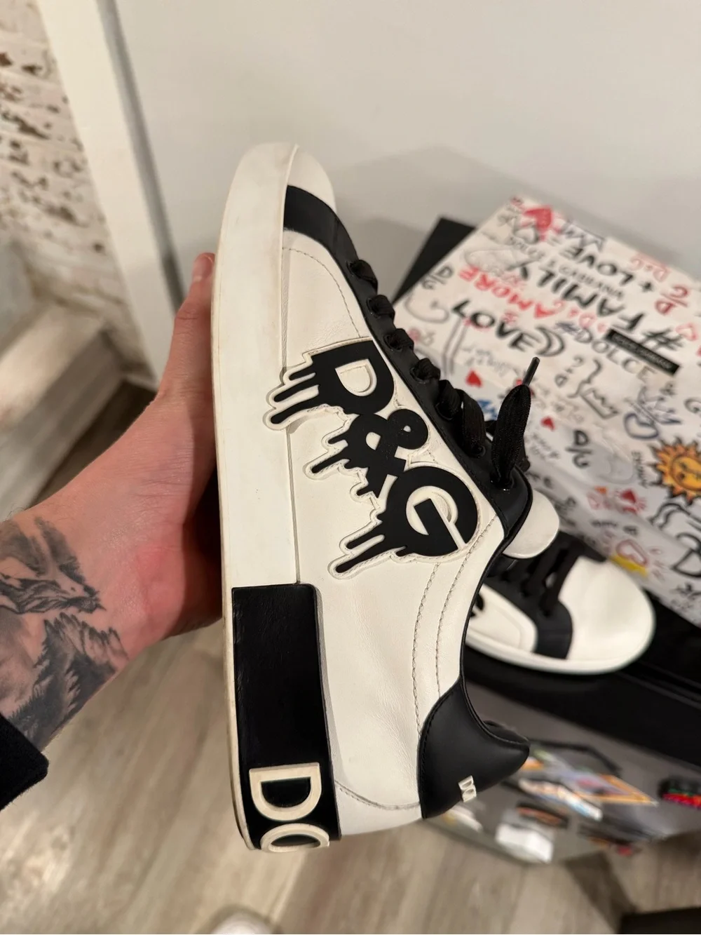 Dolce & Gabbana Black and White Logo Sneakers with Branded Box